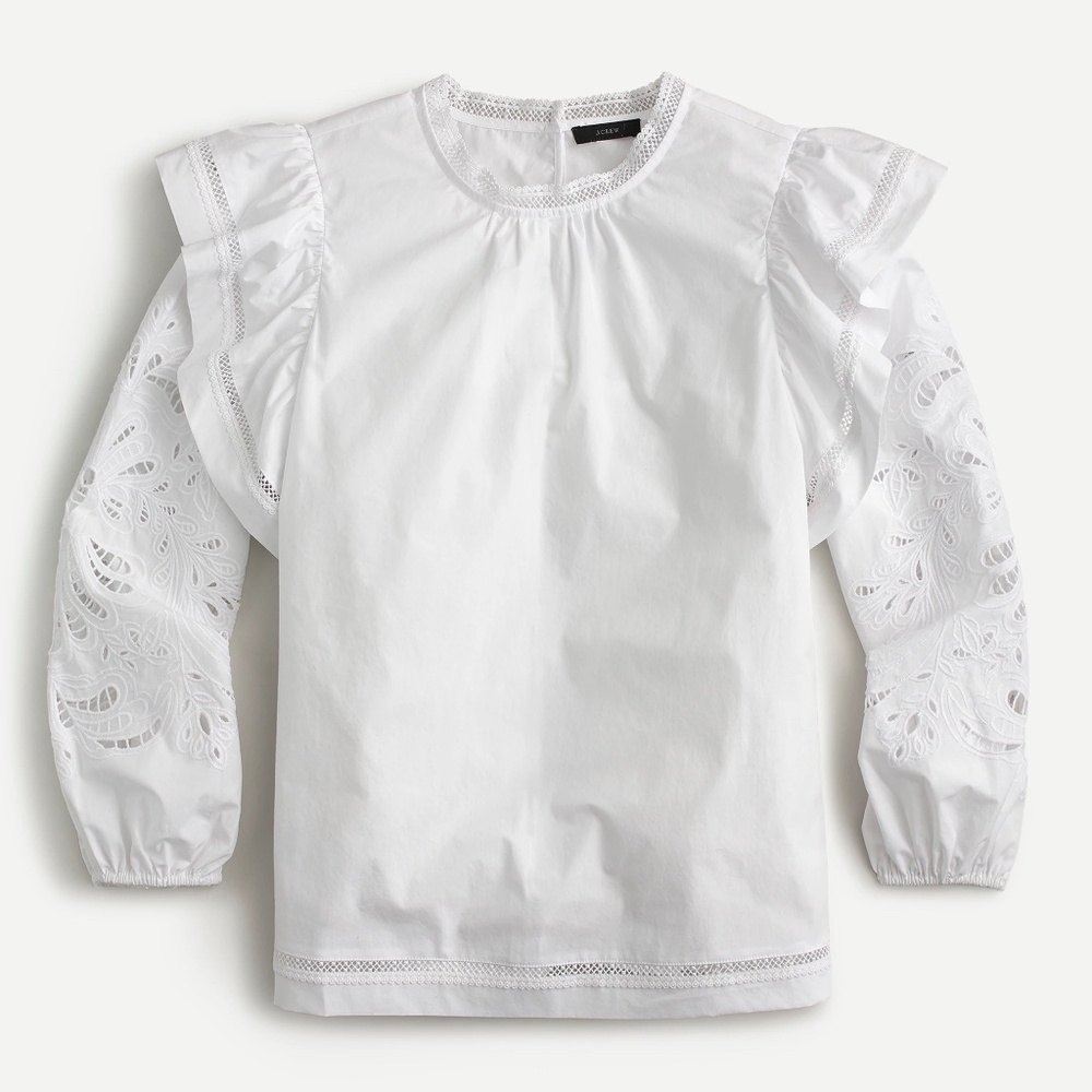 J.Crew: Embroidered Flutter-sleeve Shirt In Cotton Poplin For Women | White | XL